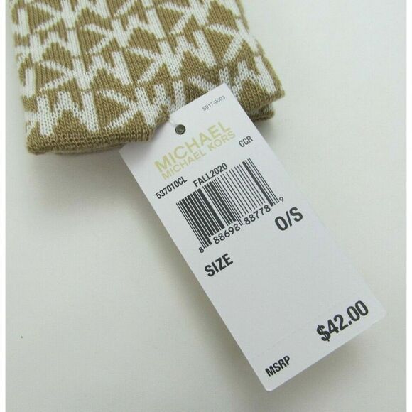 Michael Kors Acrylic Gloves Tan White Gray w/Fold-over Logo Cuffs One Size - Picture 4 of 5